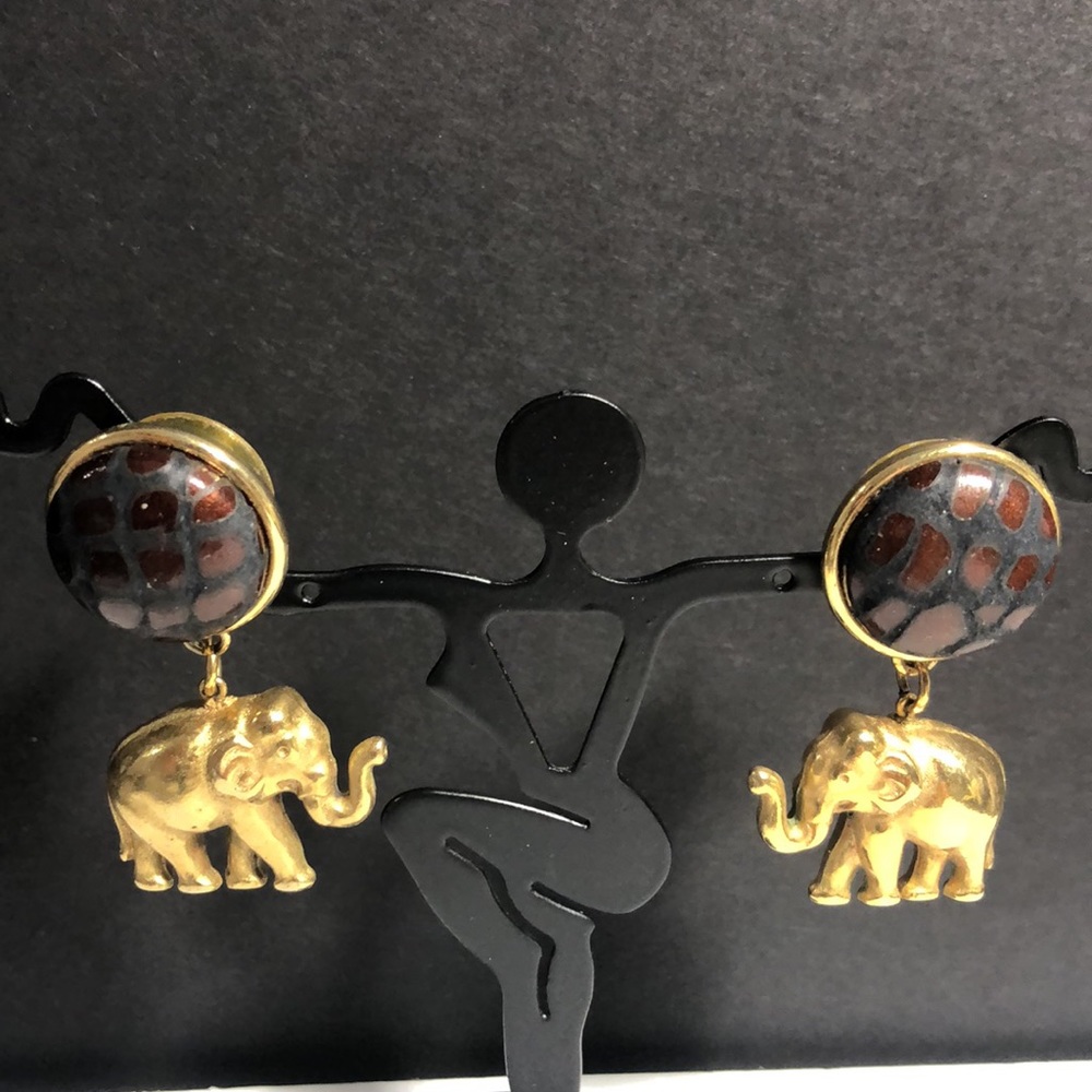 Vintage Figural Elephant Lucky Trunk Up Pierced Posts Gold Tone